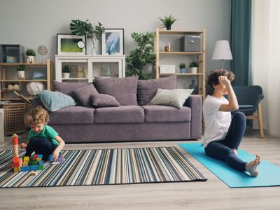 Yoga mat and blocks in a minimalist room